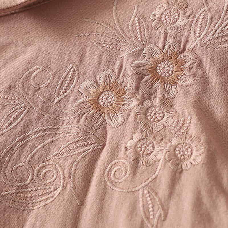 Nimara Ritual Embroidered Flower Vine Pattern Long Sleeve Women's Lapel Shirt