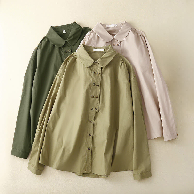 Nimara Ritual Plain Double-breasted Long Sleeve Women's Cotton Lapel Shirt