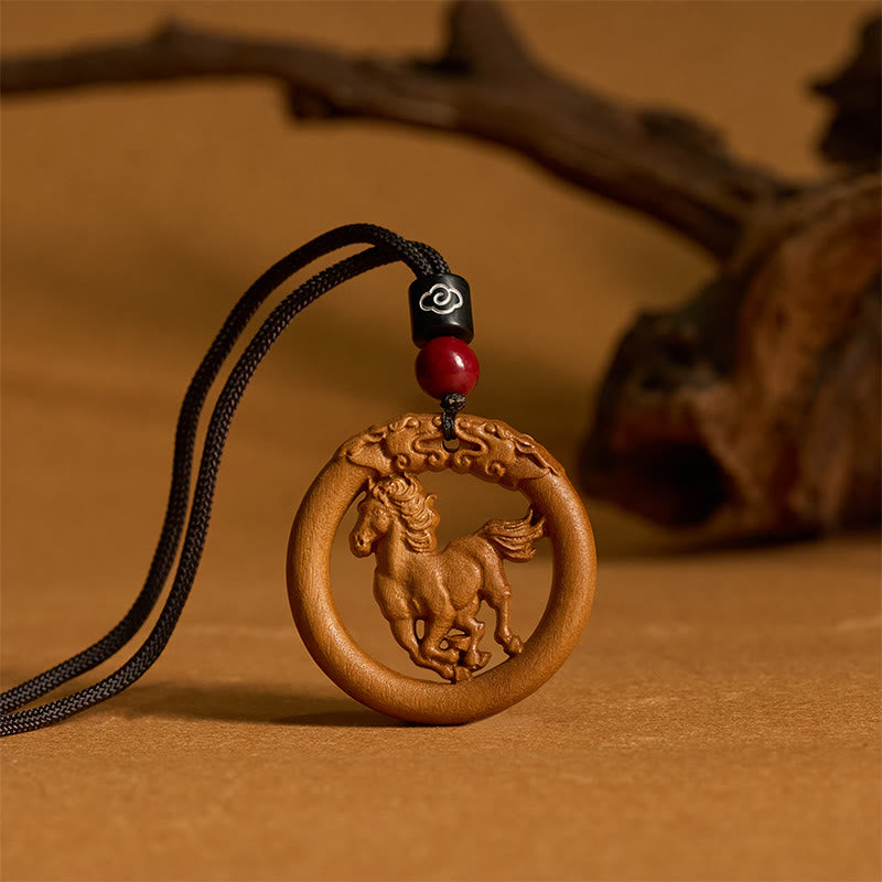 Ward Off Evil Spirits Peach Wood Chinese Zodiac Year Of The Horse Necklace Pendants