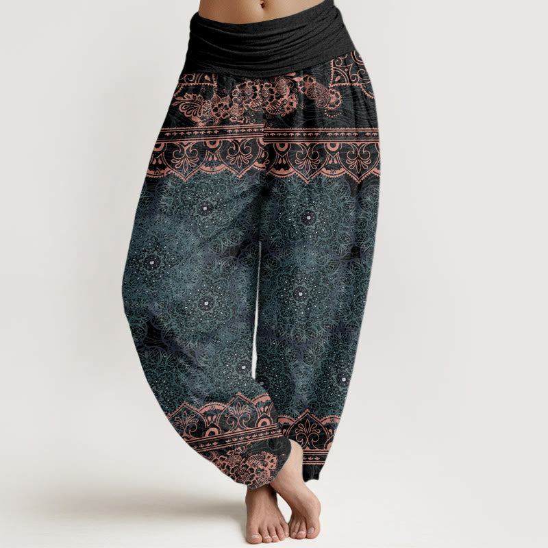 Nimara Ritual Cotton Elegant Mandala Flowers Design Women's Elastic Waist Harem Pants