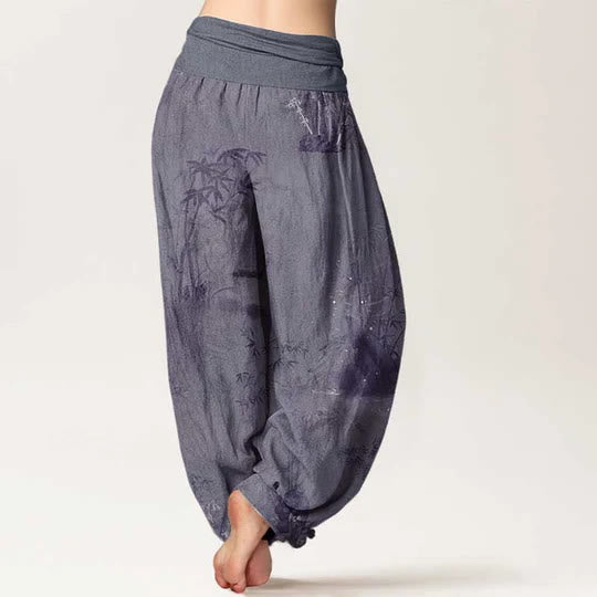 Nimara Ritual Cotton Casual Bamboo Rock Ink Painting Women's Elastic Waist Harem Pants