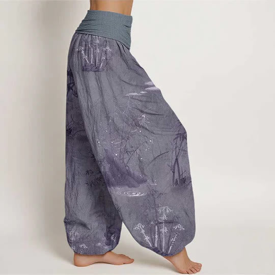 Nimara Ritual Cotton Casual Bamboo Rock Ink Painting Women's Elastic Waist Harem Pants