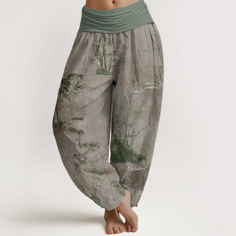 Nimara Ritual Cotton Casual Bamboo Rock Ink Painting Women's Elastic Waist Harem Pants