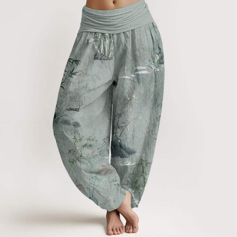 Nimara Ritual Cotton Casual Bamboo Rock Ink Painting Women's Elastic Waist Harem Pants