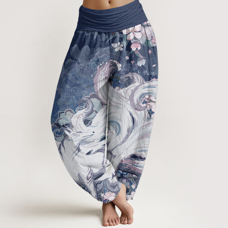 Nimara Ritual Cotton Fox Cherry Blossoms Women's Elastic Waist Harem Pants