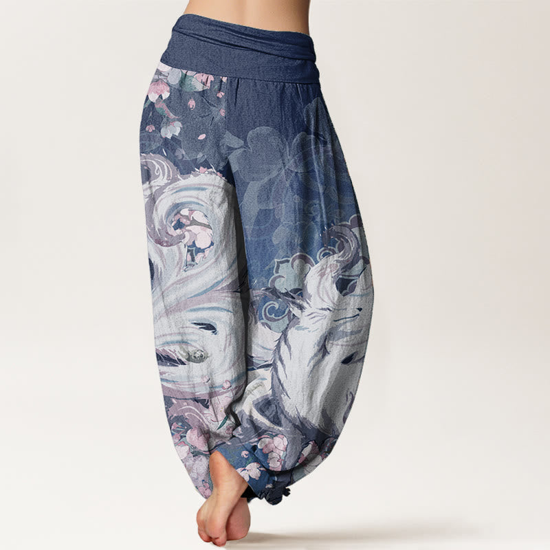 Nimara Ritual Cotton Fox Cherry Blossoms Women's Elastic Waist Harem Pants