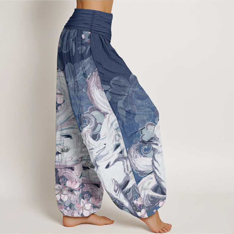 Nimara Ritual Cotton Fox Cherry Blossoms Women's Elastic Waist Harem Pants