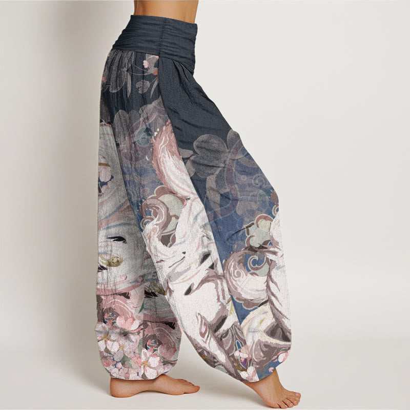 Nimara Ritual Cotton Fox Cherry Blossoms Women's Elastic Waist Harem Pants