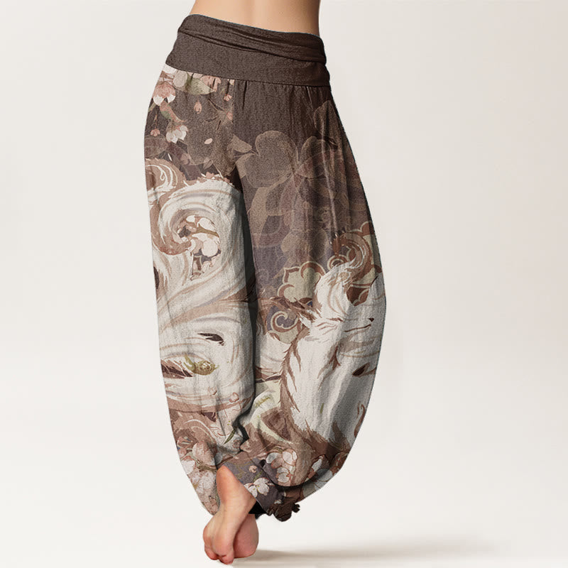 Nimara Ritual Cotton Fox Cherry Blossoms Women's Elastic Waist Harem Pants