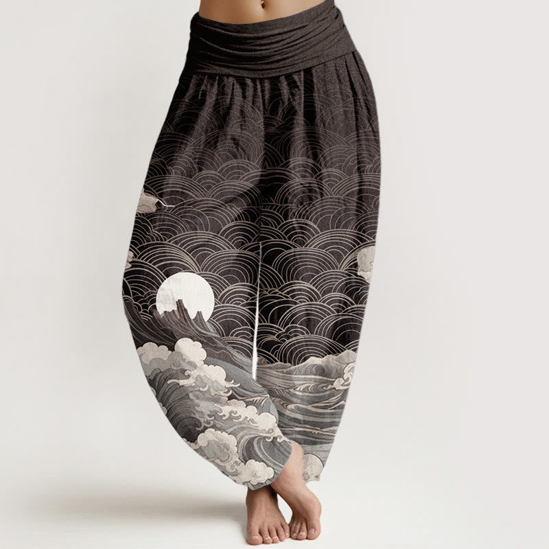 Nimara Ritual Cotton Casual Wave Moon Mountain Pattern Women's Elastic Waist Harem Pants