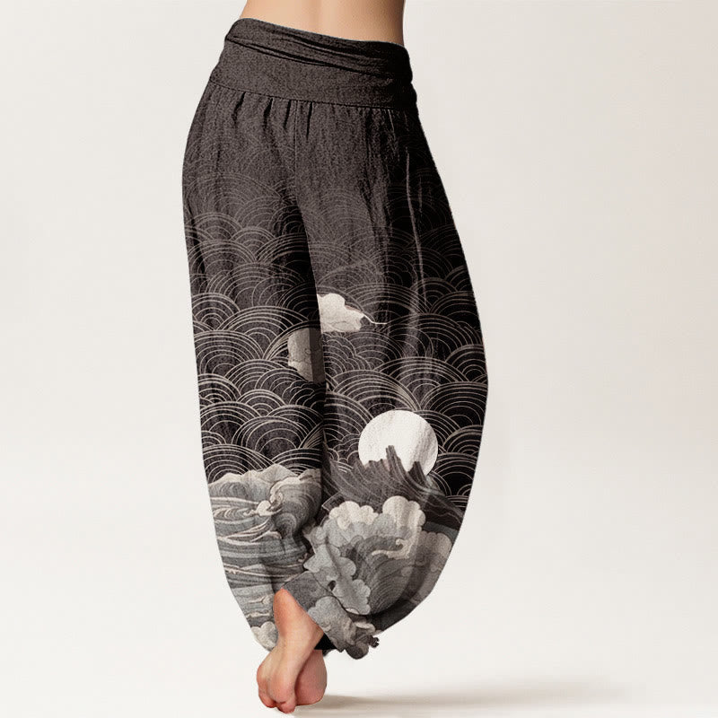 Nimara Ritual Cotton Casual Wave Moon Mountain Pattern Women's Elastic Waist Harem Pants
