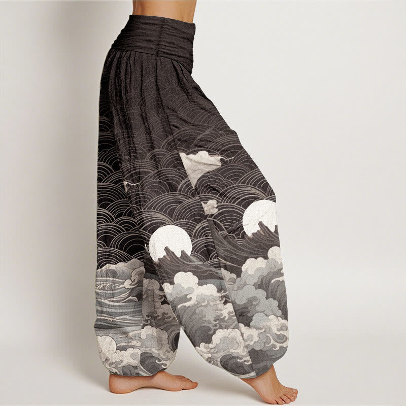 Nimara Ritual Cotton Casual Wave Moon Mountain Pattern Women's Elastic Waist Harem Pants