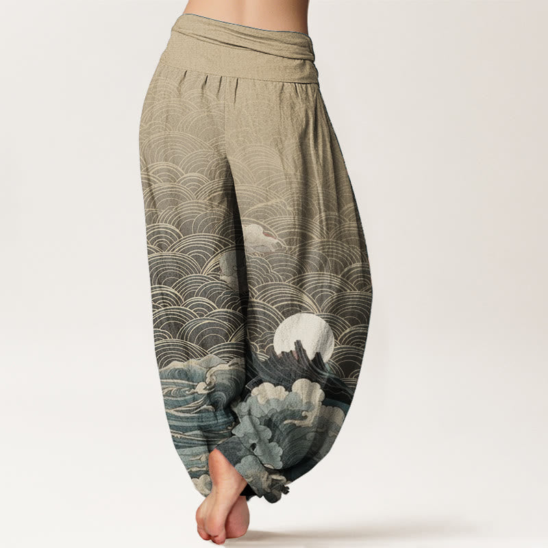 Nimara Ritual Cotton Casual Wave Moon Mountain Pattern Women's Elastic Waist Harem Pants