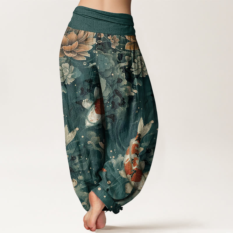 Nimara Ritual Cotton Colorful Koi Fish Lotus Flowers Design Women's Elastic Waist Harem Pants