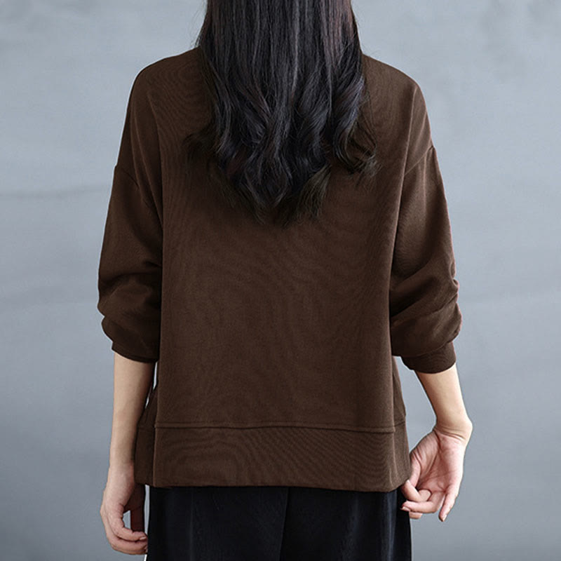 Nimara Ritual Plain Frog-button Design Crew Neck Cotton Women's Long Sleeve Sweatshirt