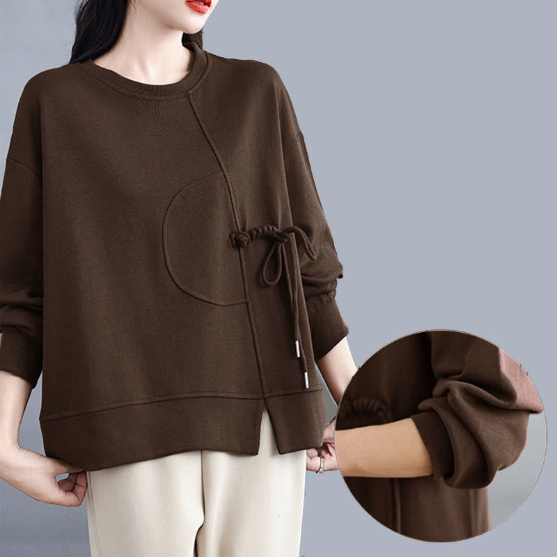 Nimara Ritual Plain Frog-button Design Crew Neck Cotton Women's Long Sleeve Sweatshirt