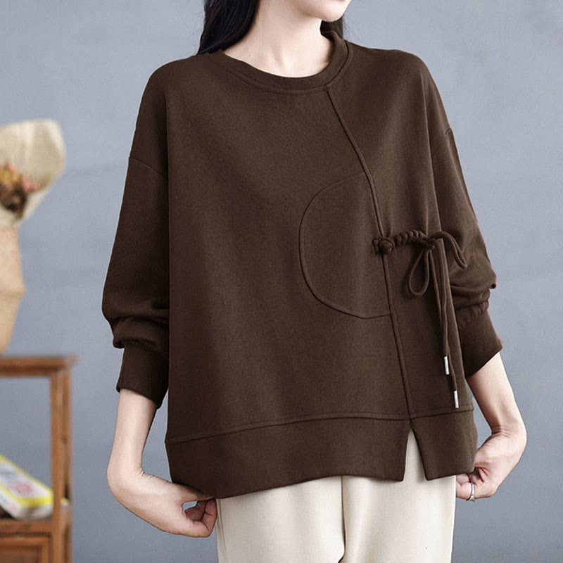 Nimara Ritual Plain Frog-button Design Crew Neck Cotton Women's Long Sleeve Sweatshirt