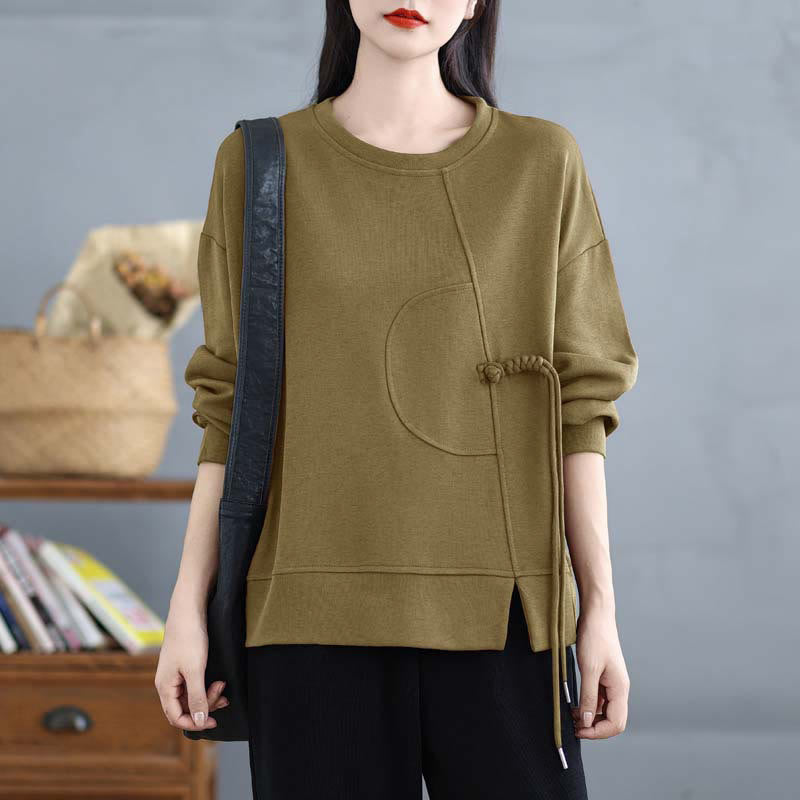 Nimara Ritual Plain Frog-button Design Crew Neck Cotton Women's Long Sleeve Sweatshirt
