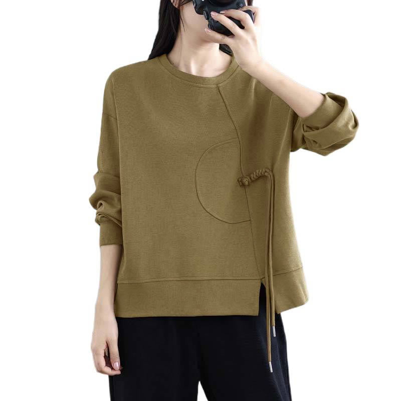 Nimara Ritual Plain Frog-button Design Crew Neck Cotton Women's Long Sleeve Sweatshirt