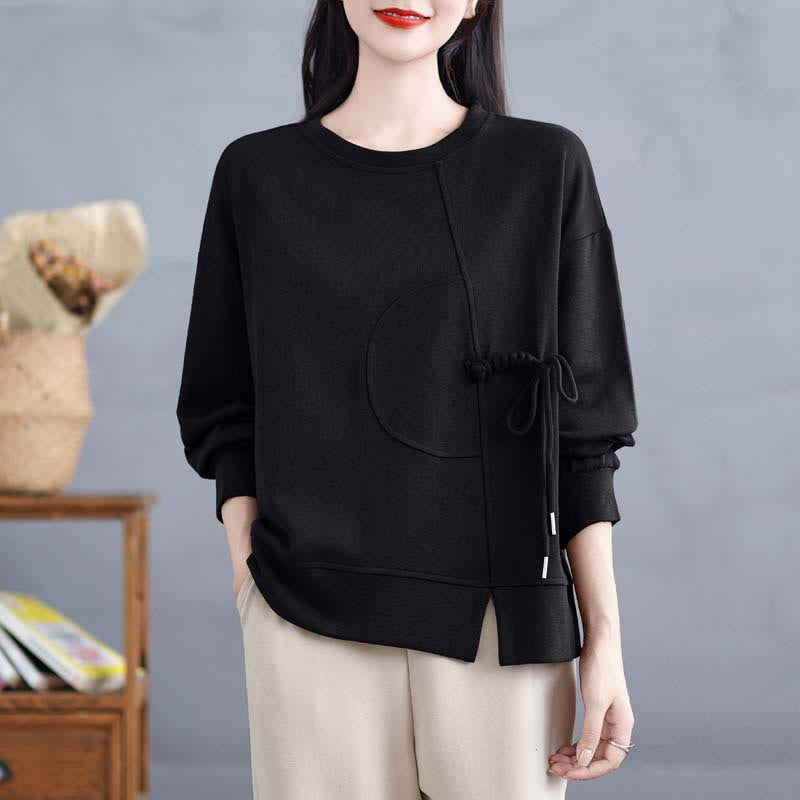 Nimara Ritual Plain Frog-button Design Crew Neck Cotton Women's Long Sleeve Sweatshirt