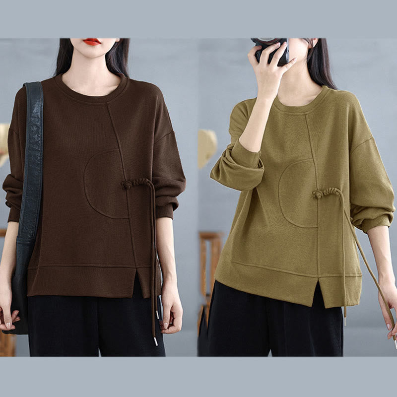 Nimara Ritual Plain Frog-button Design Crew Neck Cotton Women's Long Sleeve Sweatshirt