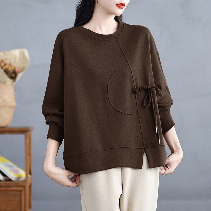 Nimara Ritual Plain Frog-button Design Crew Neck Cotton Women's Long Sleeve Sweatshirt