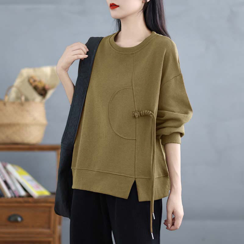 Nimara Ritual Plain Frog-button Design Crew Neck Cotton Women's Long Sleeve Sweatshirt