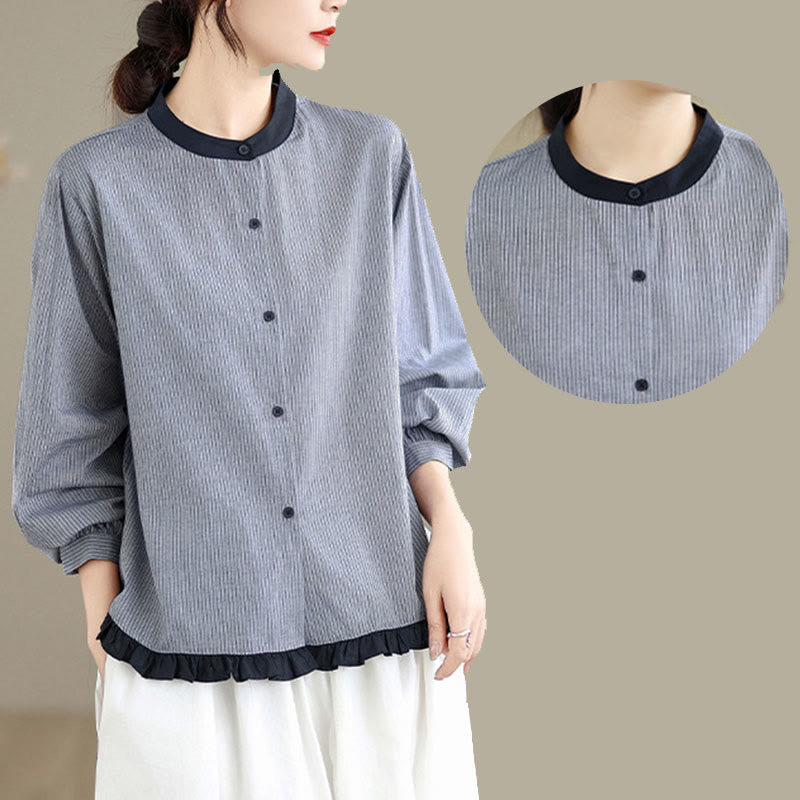 Nimara Ritual Fall Plaid Striped Pattern Ruffled Hem Buttons Women's Cotton Long Sleeve Shirt