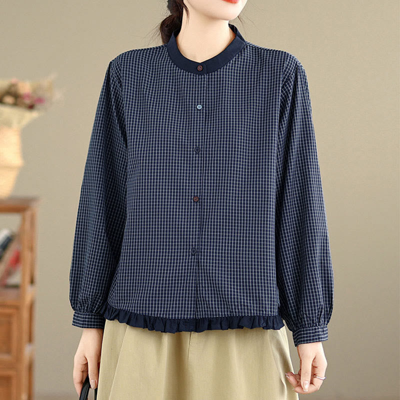 Nimara Ritual Fall Plaid Striped Pattern Ruffled Hem Buttons Women's Cotton Long Sleeve Shirt
