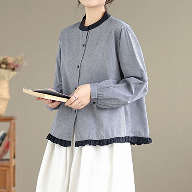 Nimara Ritual Fall Plaid Striped Pattern Ruffled Hem Buttons Women's Cotton Long Sleeve Shirt
