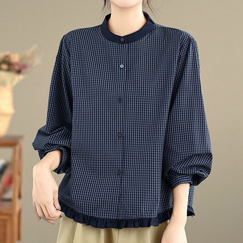 Nimara Ritual Fall Plaid Striped Pattern Ruffled Hem Buttons Women's Cotton Long Sleeve Shirt