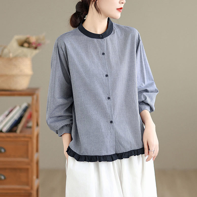 Nimara Ritual Fall Plaid Striped Pattern Ruffled Hem Buttons Women's Cotton Long Sleeve Shirt