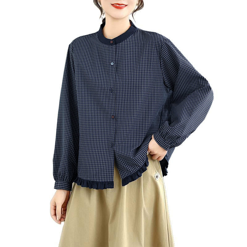 Nimara Ritual Fall Plaid Striped Pattern Ruffled Hem Buttons Women's Cotton Long Sleeve Shirt