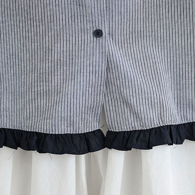 Nimara Ritual Fall Plaid Striped Pattern Ruffled Hem Buttons Women's Cotton Long Sleeve Shirt