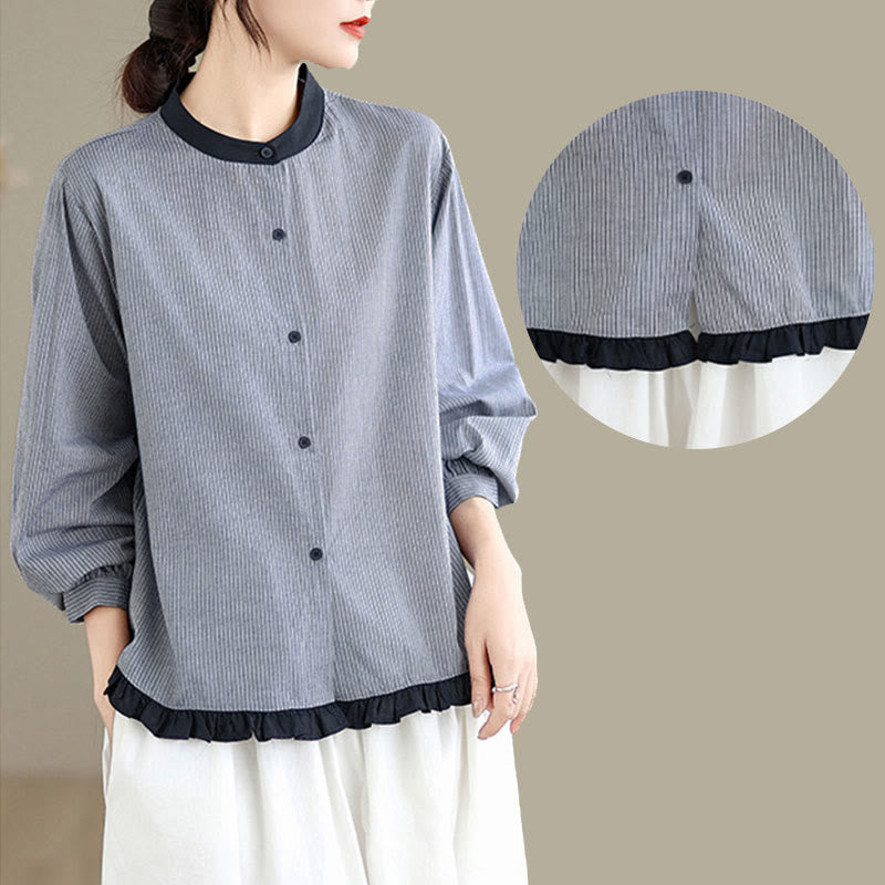 Nimara Ritual Fall Plaid Striped Pattern Ruffled Hem Buttons Women's Cotton Long Sleeve Shirt