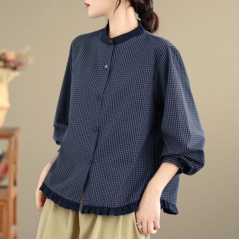 Nimara Ritual Fall Plaid Striped Pattern Ruffled Hem Buttons Women's Cotton Long Sleeve Shirt