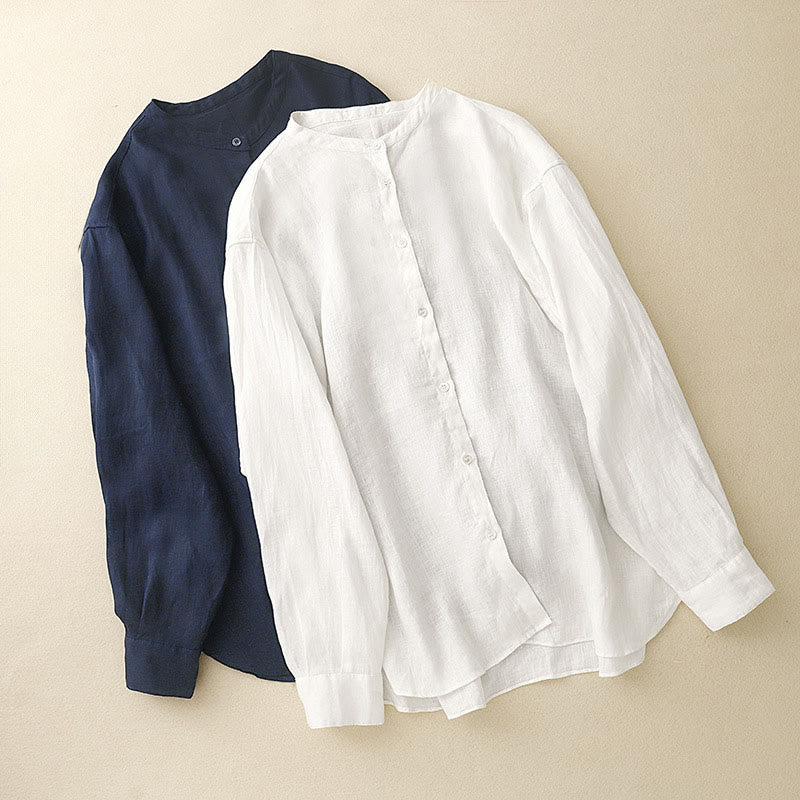 Nimara Ritual Solid Color Crew Neck Buttons Design Women's Cotton Long Sleeve Shirt
