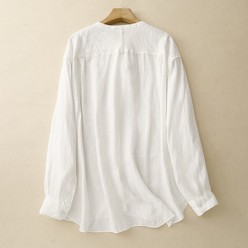 Nimara Ritual Solid Color Crew Neck Buttons Design Women's Cotton Long Sleeve Shirt