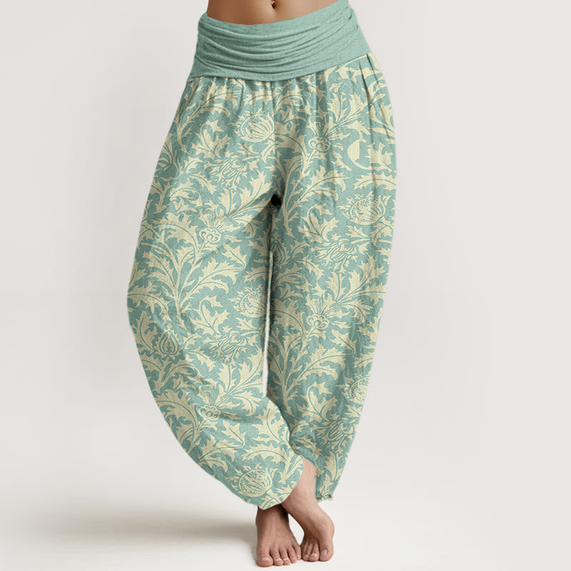 Nimara Ritual Cotton Flowers Buds Serrated Leaves Pattern Women's Elastic Waist Harem Pants
