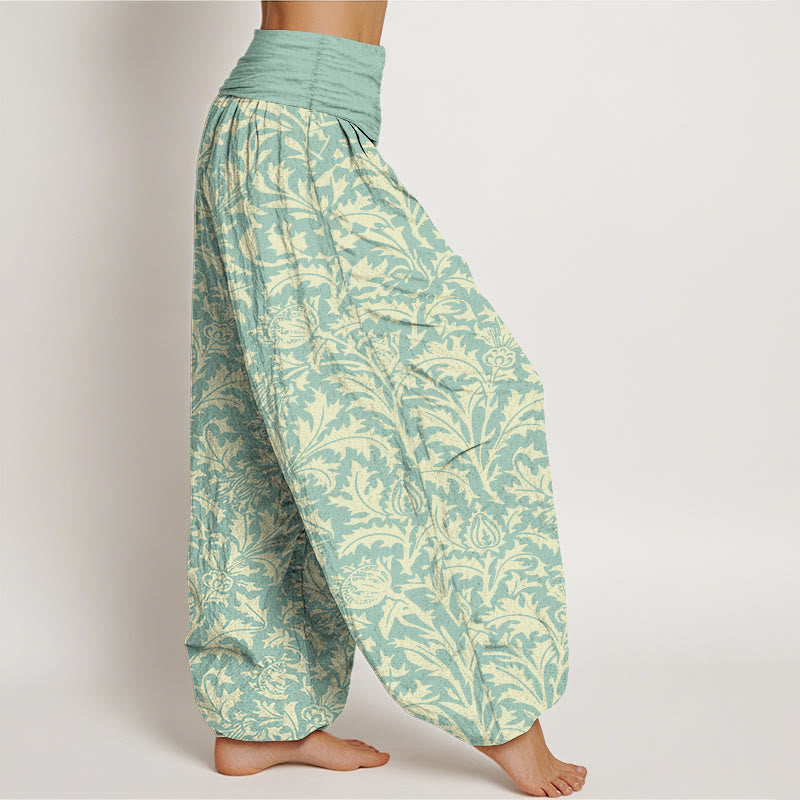 Nimara Ritual Cotton Flowers Buds Serrated Leaves Pattern Women's Elastic Waist Harem Pants