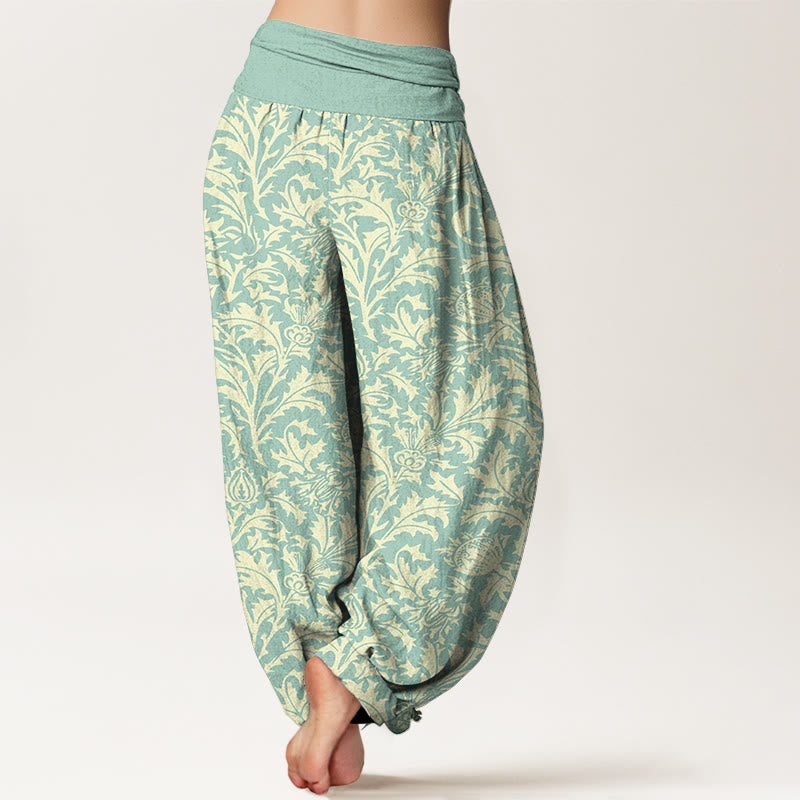 Nimara Ritual Cotton Flowers Buds Serrated Leaves Pattern Women's Elastic Waist Harem Pants