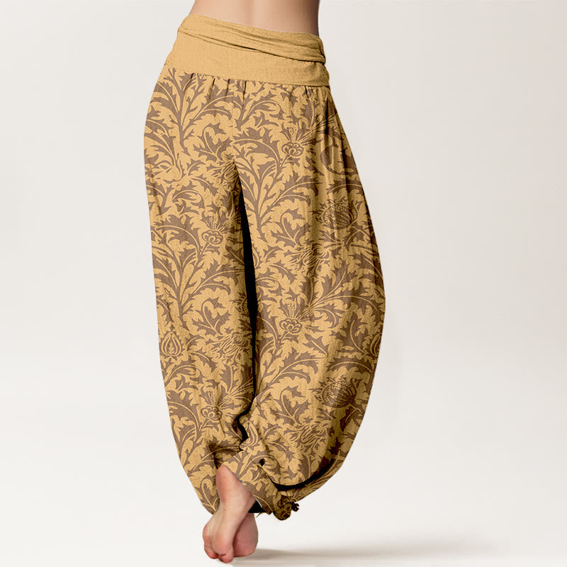 Nimara Ritual Cotton Flowers Buds Serrated Leaves Pattern Women's Elastic Waist Harem Pants