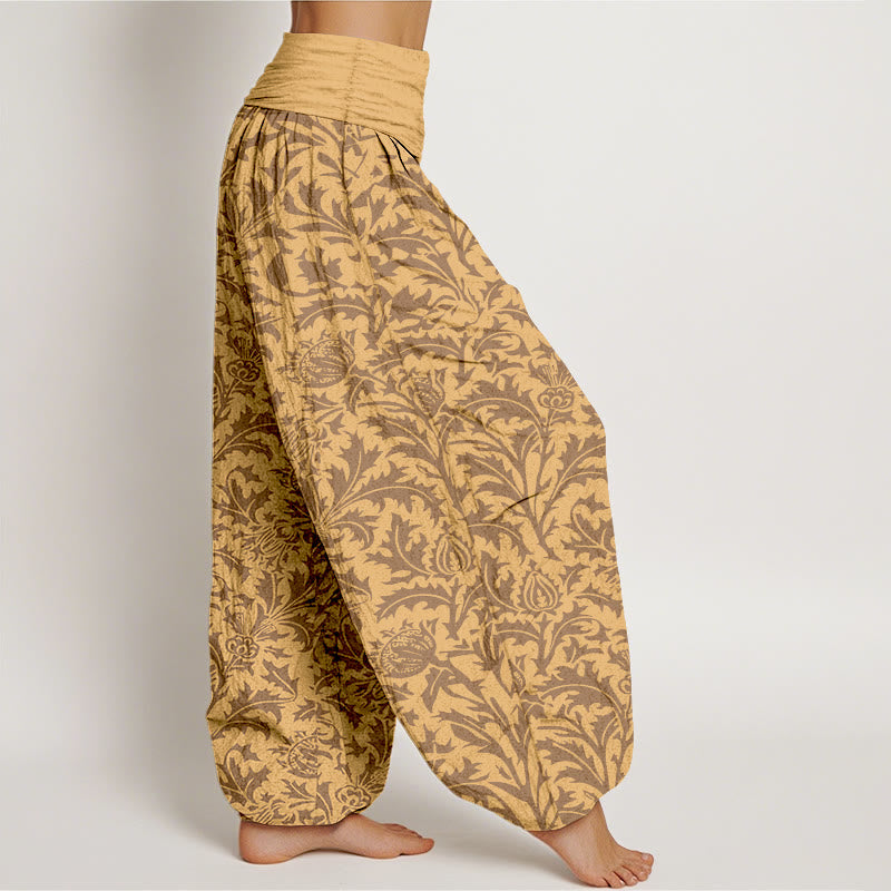 Nimara Ritual Cotton Flowers Buds Serrated Leaves Pattern Women's Elastic Waist Harem Pants