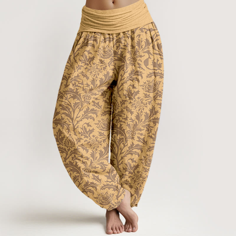 Nimara Ritual Cotton Flowers Buds Serrated Leaves Pattern Women's Elastic Waist Harem Pants