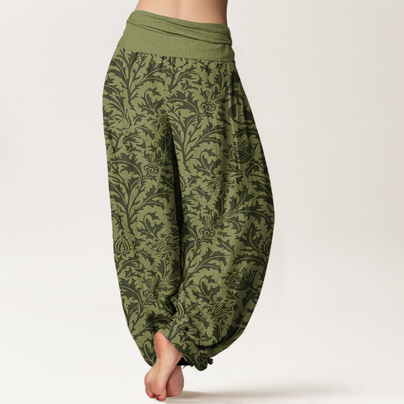 Nimara Ritual Cotton Flowers Buds Serrated Leaves Pattern Women's Elastic Waist Harem Pants