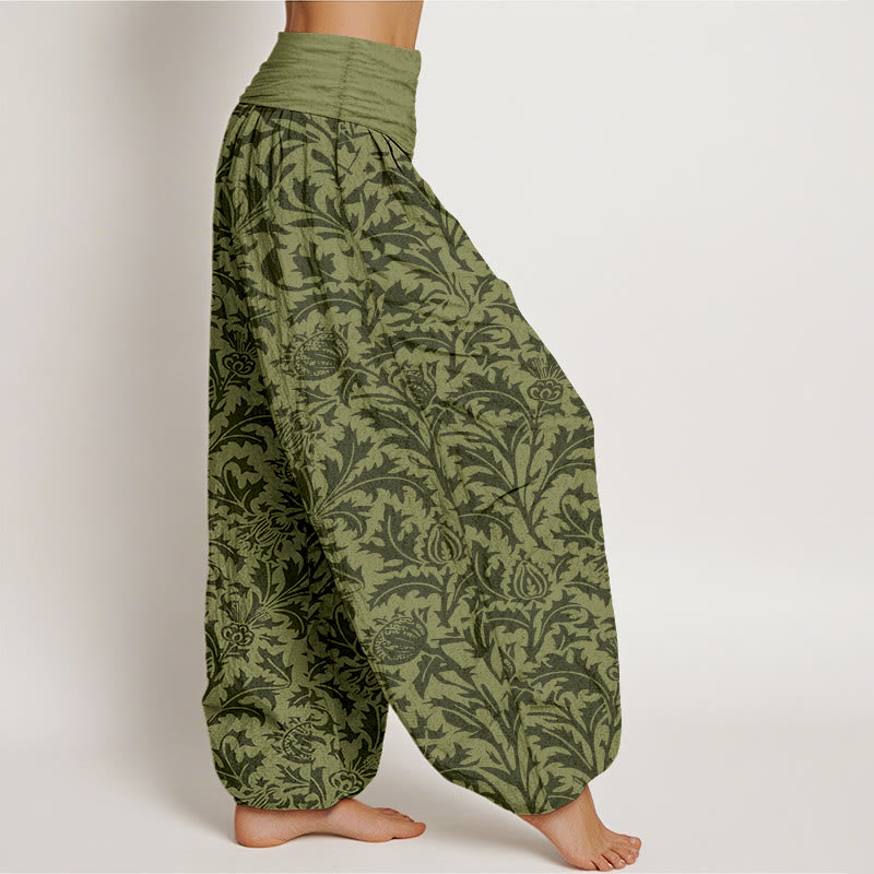 Nimara Ritual Cotton Flowers Buds Serrated Leaves Pattern Women's Elastic Waist Harem Pants