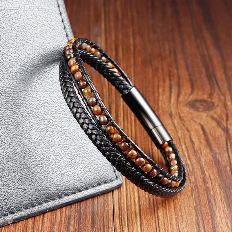 Nimara Ritual Tiger Eye Titanium Steel Protection Strengthen Leather Bracelet