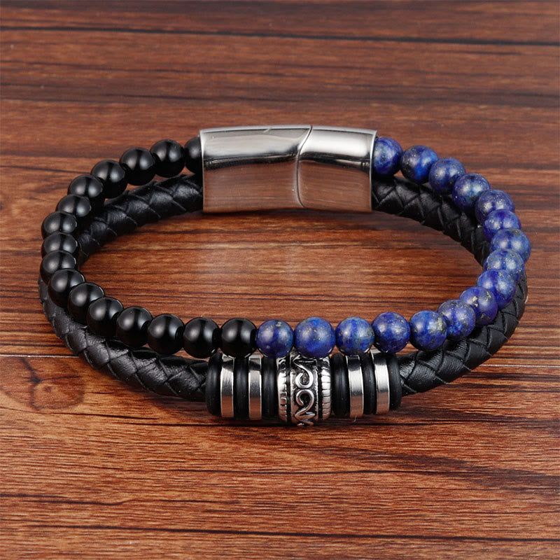Nimara Ritual Black Onyx Lazurite Lapis Lazuli Titanium Steel Fortune Calm Leather Bracelet