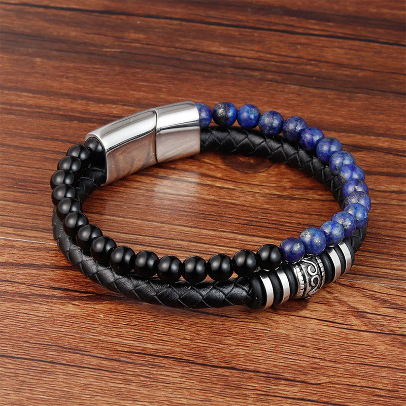 Nimara Ritual Black Onyx Lazurite Lapis Lazuli Titanium Steel Fortune Calm Leather Bracelet