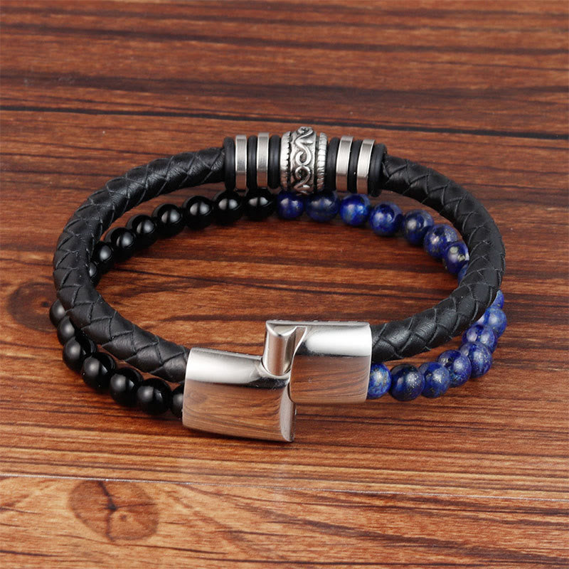 Nimara Ritual Black Onyx Lazurite Lapis Lazuli Titanium Steel Fortune Calm Leather Bracelet